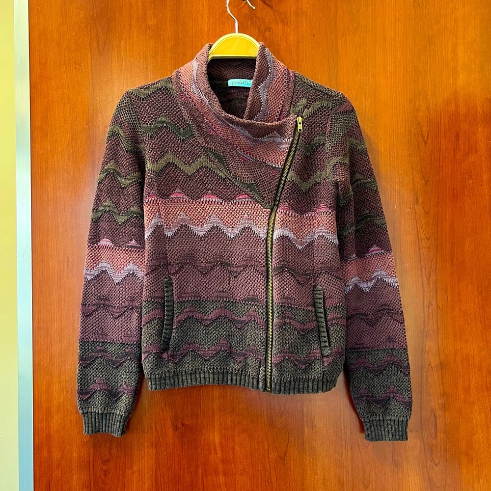 GODDIS LANY BOMBER KNIT JACKET IN Plum Size S/M Chevy Print Biker Jacket Knit